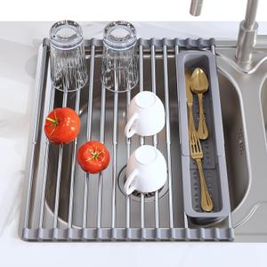 Roll Up Dish Drying Rack, Expandable 304 Stainless Steel Portable Drainer for Kitchen Sink Counter, Foldable Over The Sink Cover with Removable Utensil Holder(12.8"-23.3") (Gray)