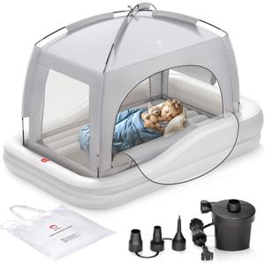 QPAU Inflatable Toddler Travel Bed with Tent, Portable Kids Air Mattress with Safety Sides, Ideal for Home, Grandma's, Camping, Traveling -Includes Fast Electric Pump (Grey)