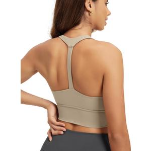 ODODOS Women's Halter Sports Bra Padded Y Racerback Yoga Top with Removable Pads, Shaker Beige, Small