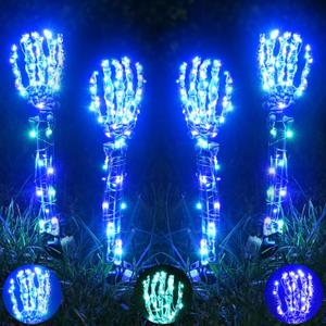 Halloween Lighted Skeleton Hands Set, 4 Pack Light Up Skeleton Arm Stakes, 4 x 3m 240 LED Green & Purple Lights with 3 Modes, Realistic Halloween Yard Outdoor Decorations Graveyard Garden