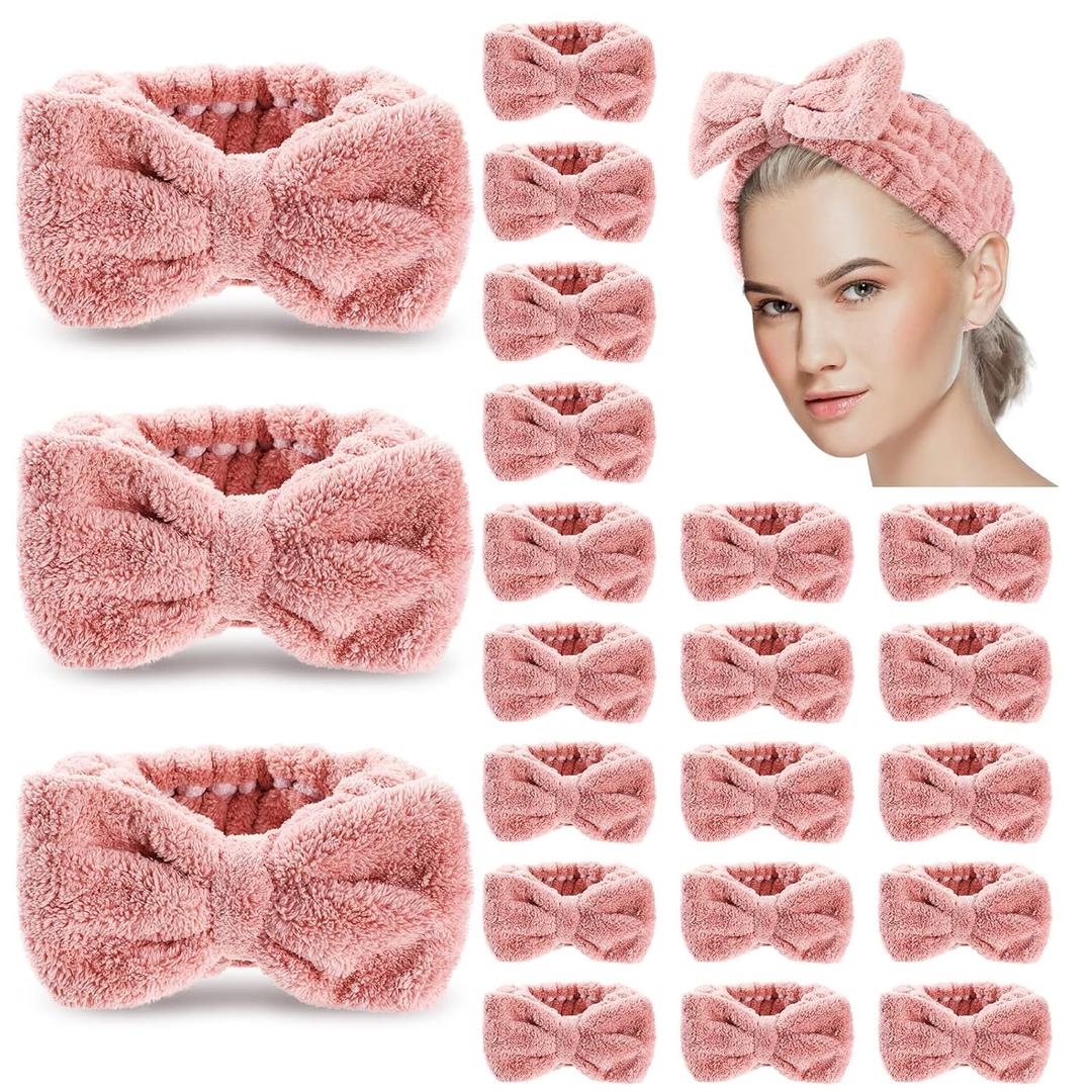 Yunlly 20 Pcs Spa Headband for Women 4 Inches Width Facial Makeup Hair Band Bulk Skincare Headbands for Washing Face Bowtie Slumber Party Supplies Fluffy Head Wraps(Rose Pink)
