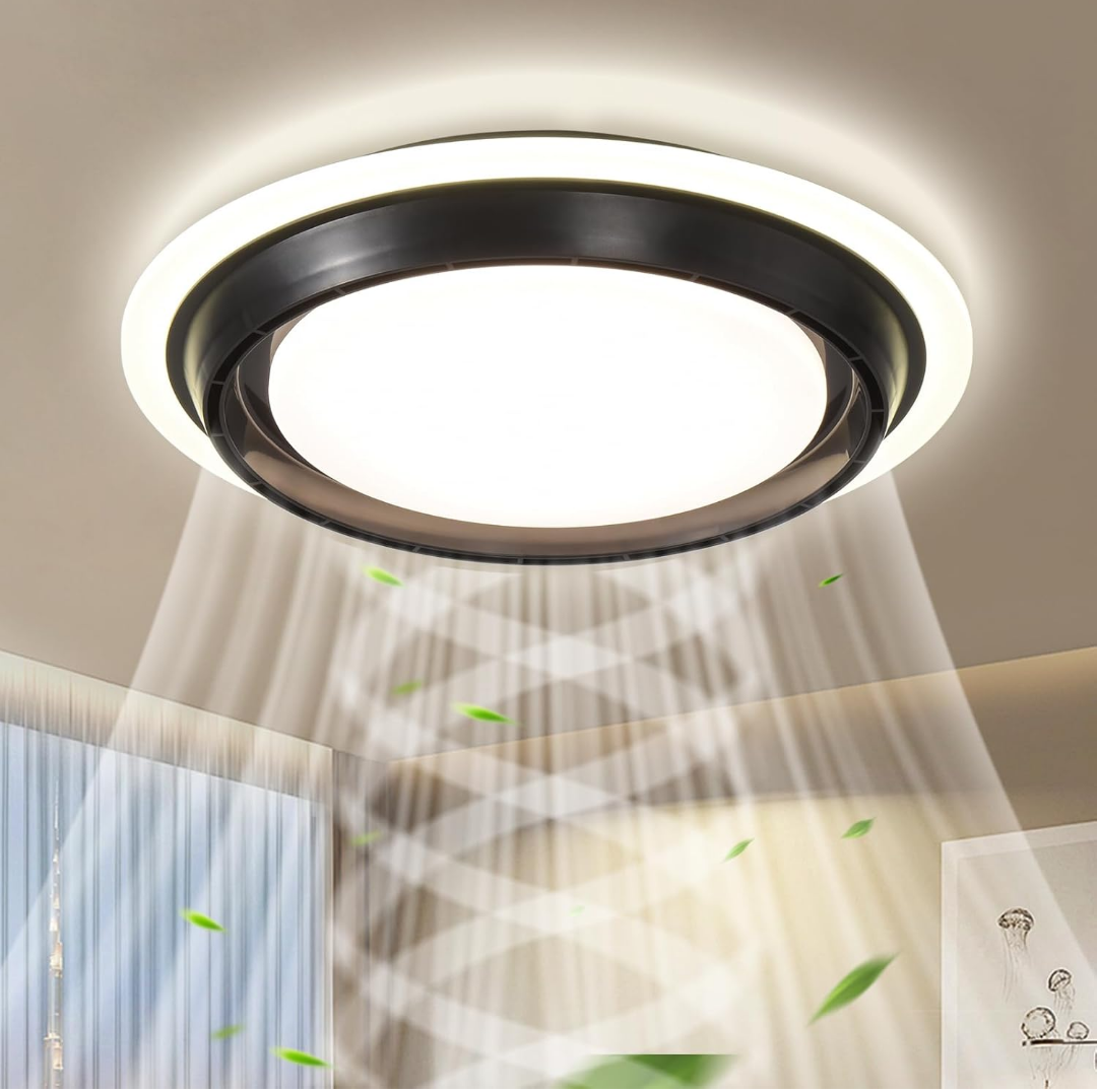 Low Profile Ceiling Fan with Light,19.29in Bladeless Ceiling Fan with Remote Control,Enclosed Flush Mount Fandelier,6 Wind Speed,Dimmable LED,Black,for Bedroom Dining Room