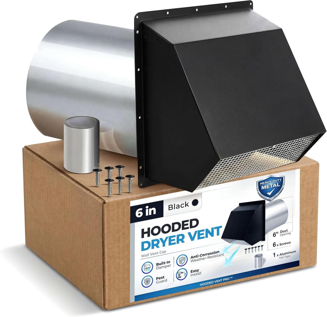 6" Black Dryer Vent Cover - 304 Stainless Steel Wall Cap, Screen and Damper