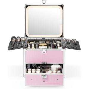 Qislee Makeup Box with Drawer and A Detachable Lighted Mirror, Waterproof Travel Train Case, Cosmetic Organizer and Makeup Suitcase with Adjustable Dividers, Magnetic LED Mirror (ICY Pink)