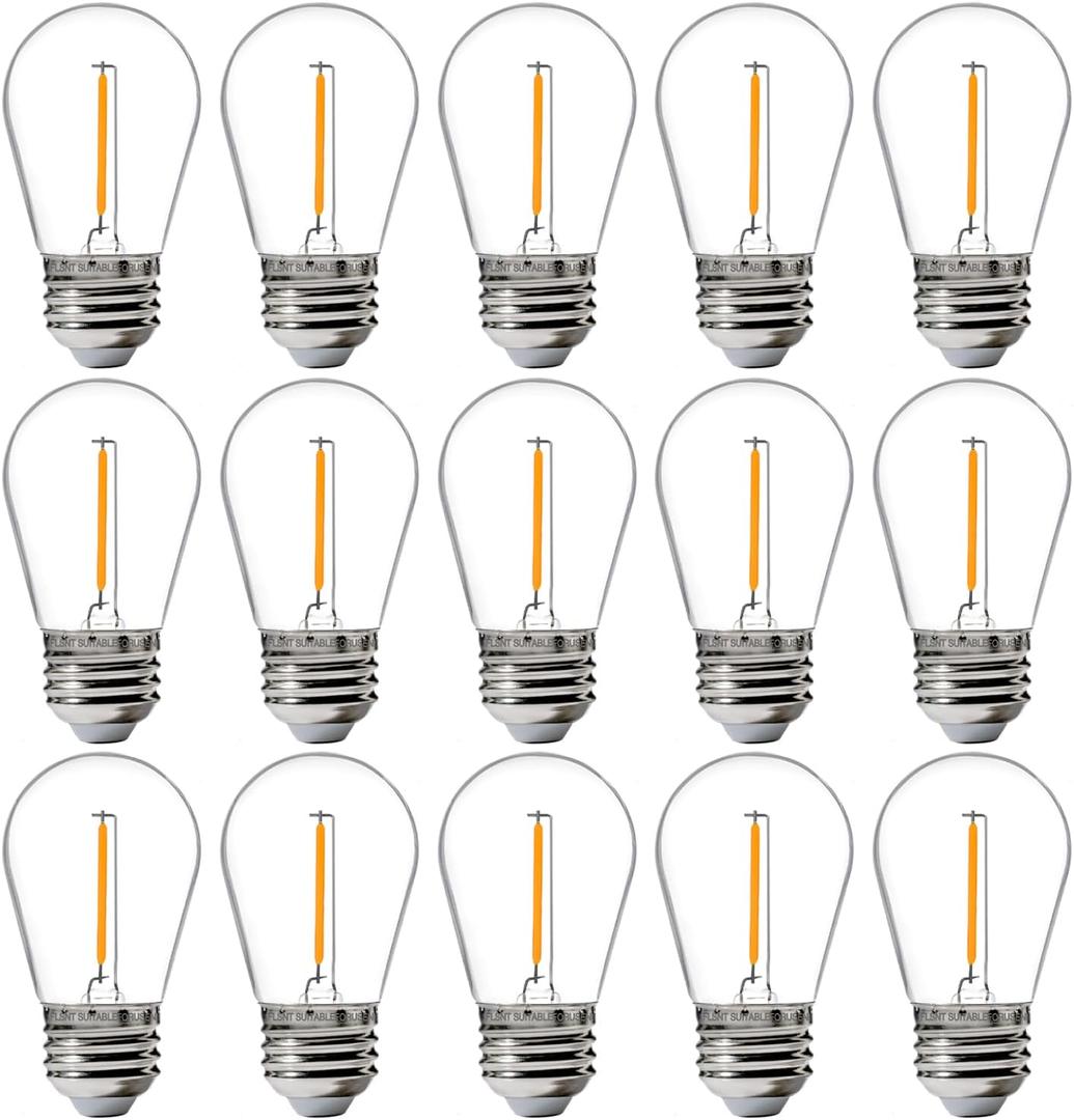 FLSNT 15 Pack Outdoor LED Replacement Bulbs for String Light, S14 LED Hanging Light Bulbs for Patio, Garden, E26 Base, 2200K Warm White, Non-Dimmable