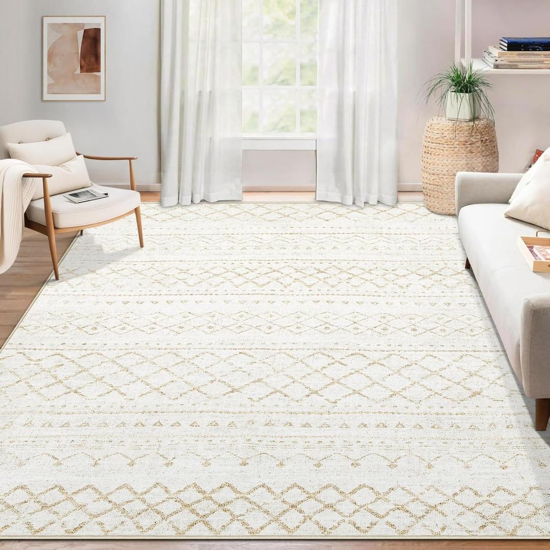 Area Rug for Living Room 6x9: Large Washable Boho Moroccan Rugs Geometric Neutral Rug, Non-Slip Foldable Morden Farmhouse Indoor Floor Carpet for Bedroom Dining Table Home(Beige,6X9)
