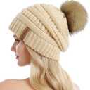 QUEENFUR Women Knit Slouchy Beanie Chunky Baggy Hat with Faux Fur Pompom Winter Soft Warm Ski Cap (A1-beige 2)