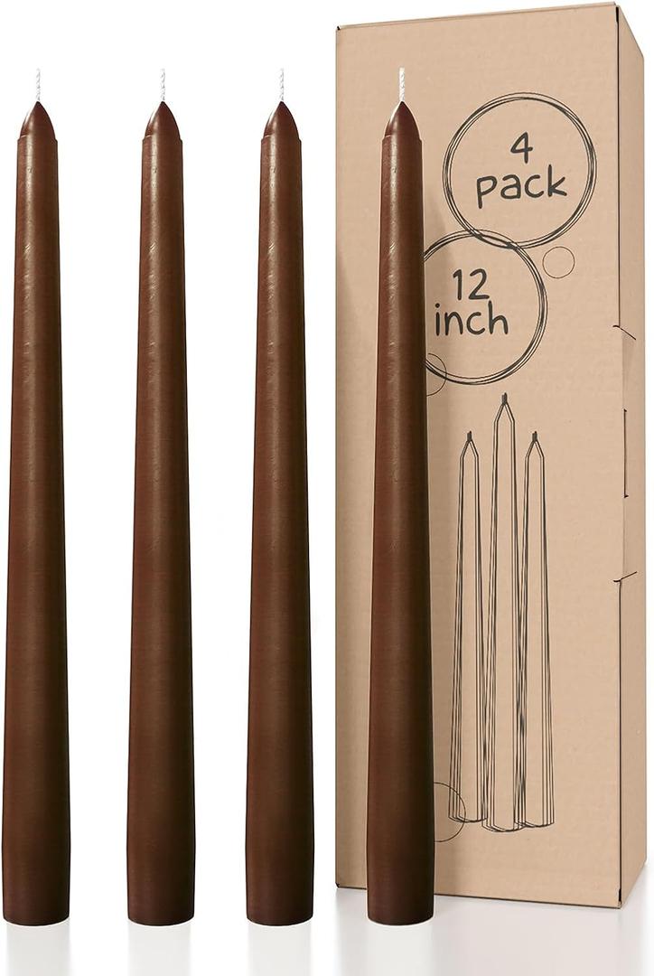 CANDWAX 12 inch Taper Candles Set of 4 - Dripless and Smokeless Unscented - Slow Burning Candle Sticks - Brown Candles
