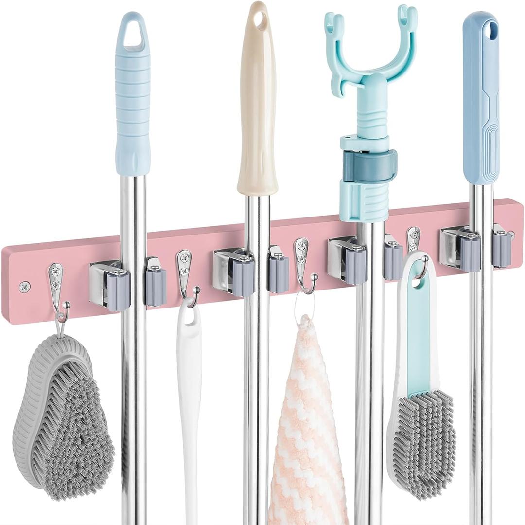 OUTNILI Pink Mop Broom Holder Wall Mount with 4 Slots & 4 Hooks - Wood Broom Mop Hanger for Pantry Closet Laundry Room Kitchen Organization - for Pink Kitchen Decor and Accessories