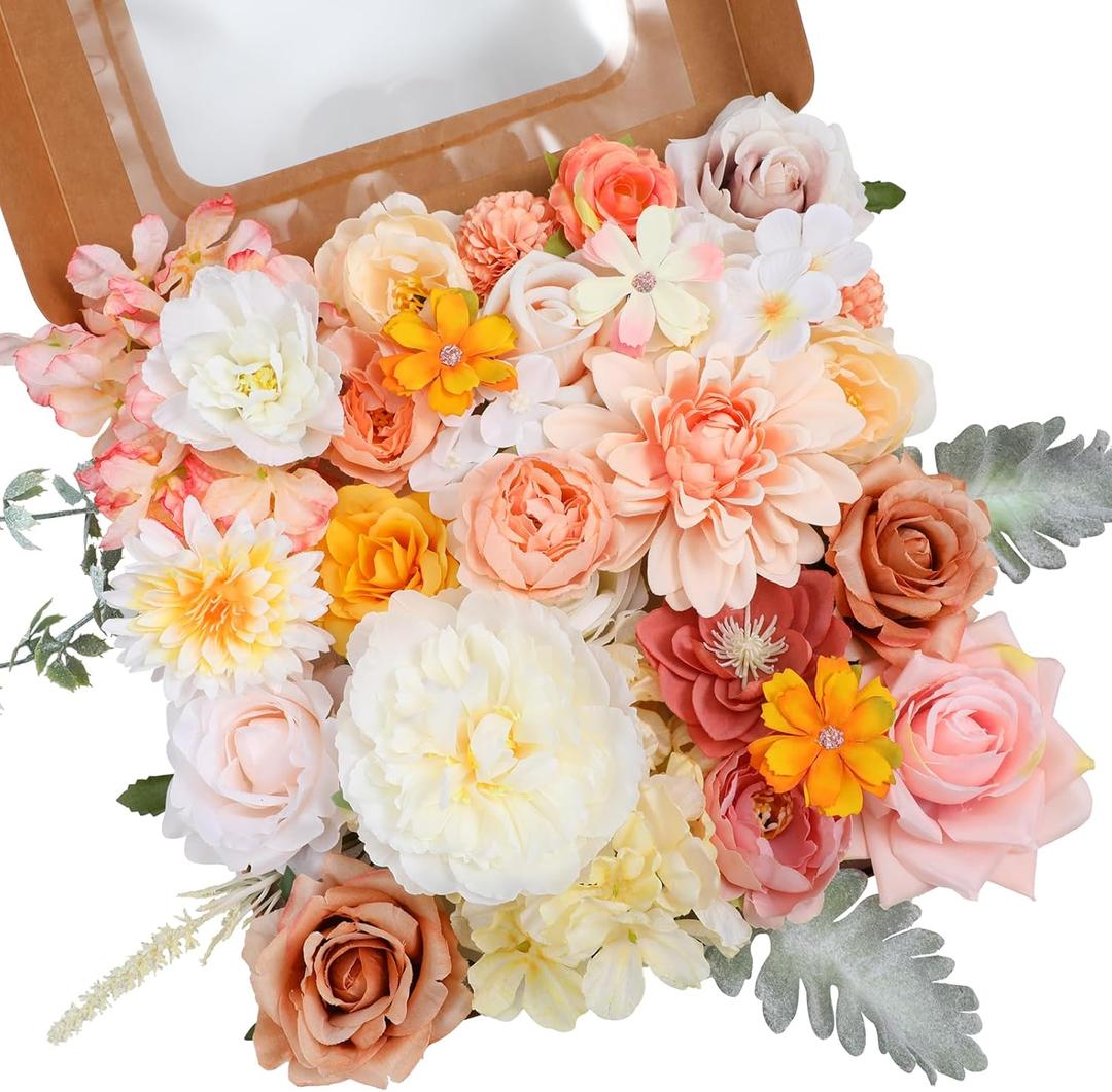 Artificial Flowers Combo, Mix Silk Flowers Roses, Peonies, Dahlias with Stems for DIY Wedding Bridal Bouquet, Baby Shower, Table Centerpieces, Home Decor, Floral Arrangements-Champagne Powder