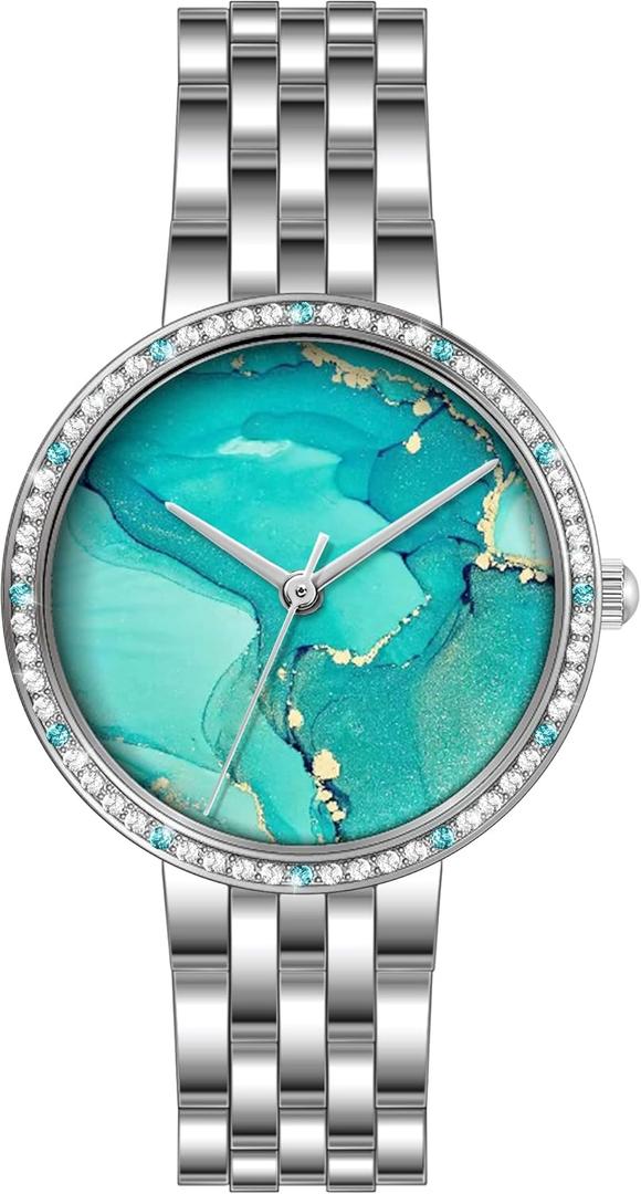 Women Watch Metal Bracelet Watch Easy to Read Waterproof Watch (SILVER/TURQUOISE)