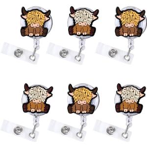 Whaline 6Pcs Highland Cow Badge Reel Retractable with Clips Cute Cow ID Card Name Badge Holder for Nurse Doctor Teacher Student Office School Supplies
