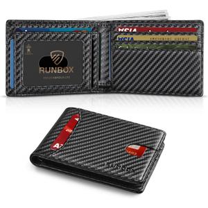RUNBOX Wallet for Men Slim 11 Credit Card Holder Slots Leather RFID Blocking Small Thin Men's Wallet Bifold Minimalist Front Pocket Large Capacity Gift Box (0 carbon black)