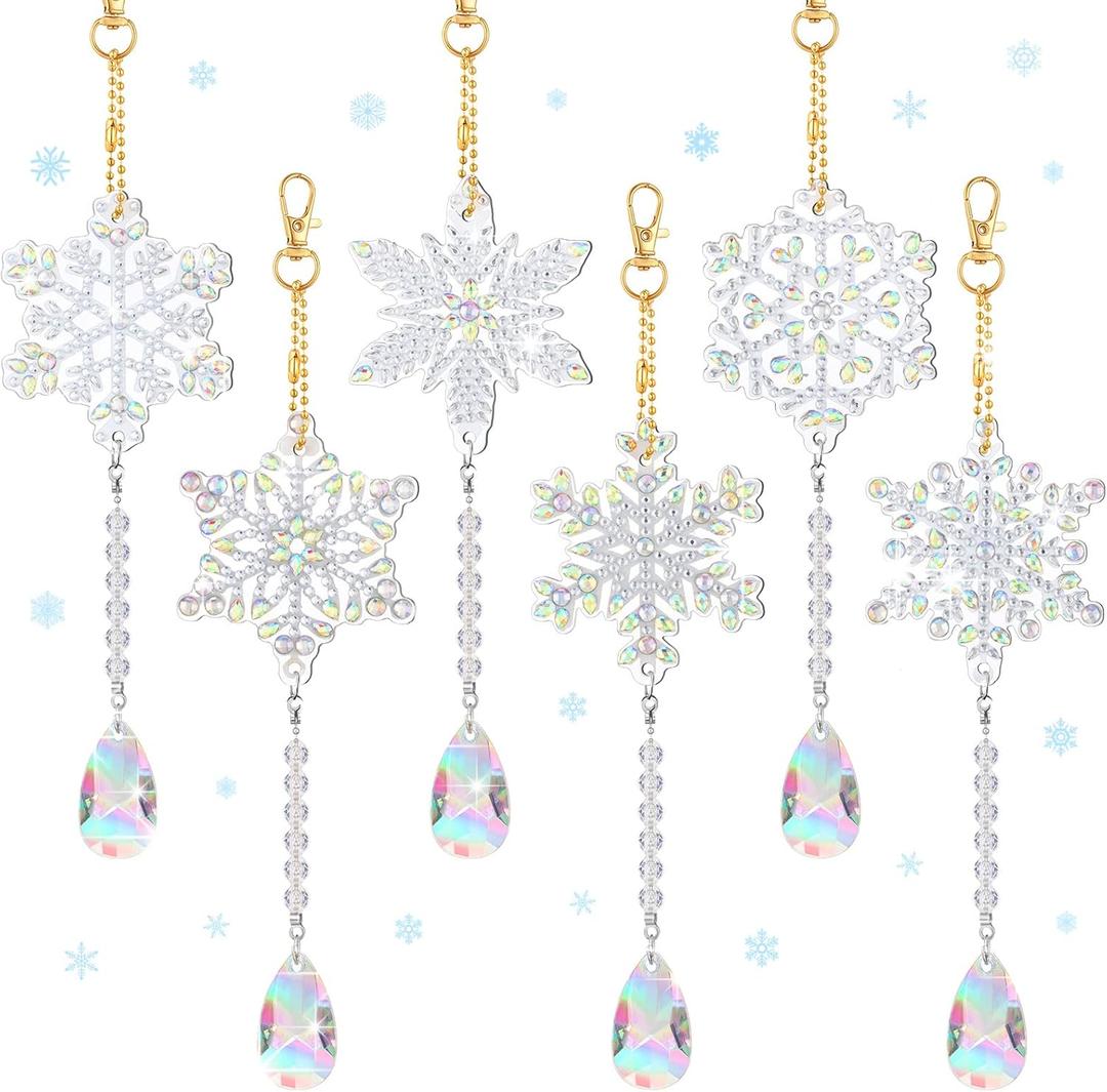 6 Pcs Winter Snowflake Diamond Art Kits Double Sided Winter Diamond Wind Chimes Art for Window Tree Hanging Decoration Snowflake Suncatchers for DIY Crafts Wonderland Decoration (Modern Style)
