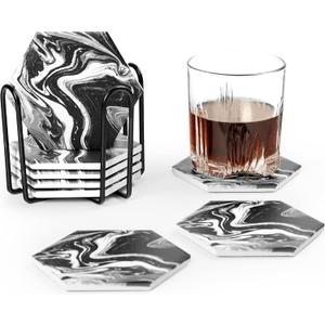 ARILEO Coasters for Drinks, Black Marble Ceramic Hexagon Coaster Set with Metal Holder, Set of 8 Absorbent Cup Place Mats for Home Decor