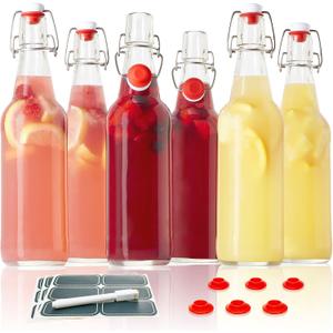 Otis Classic Glass Bottles with Caps - Set of 6 Clear Swing Top Glass Bottles w/Ceramic Lids for Storing Kombucha, Liquor, Syrup, Wine, Kefir & Beer - Bonus Marker & Labels Included, 16oz