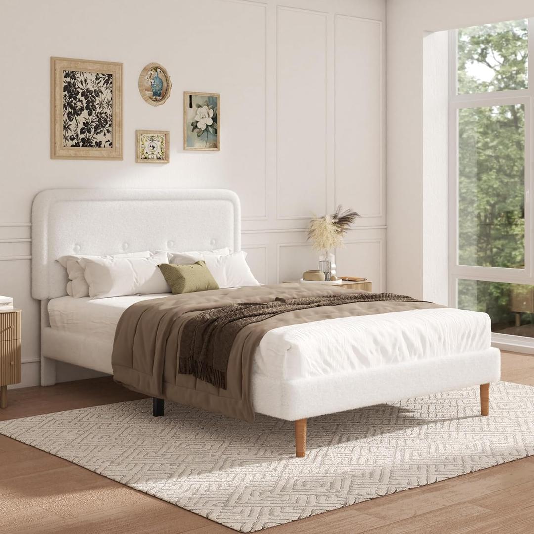 Queen Size Boucle Bed Frame with Adjustable Headboard, Cloud Boucle Upholstered Platform Bed Frame, Rounded Corners Design & Easy Assembly, Box Spring Optional, Noise Free, White