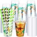 Norme 50 Pcs Dino Disposable Cups with Lids and Straws Set for Party, 12 oz Plastic Dinosaur Cups for Kids Drinking Coffee Milkshake Beverage Birthday Party Summer Activities Supplies(Green)