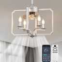 Chandelier Ceiling Fan, 20" Farmhouse Fandelier Ceiling Fans with Lights, Rustic Hanging Geometric Pendant Light Fixture for Bedroom, Dining Room, Kitchen Island, Foyer, Hallway-Silver