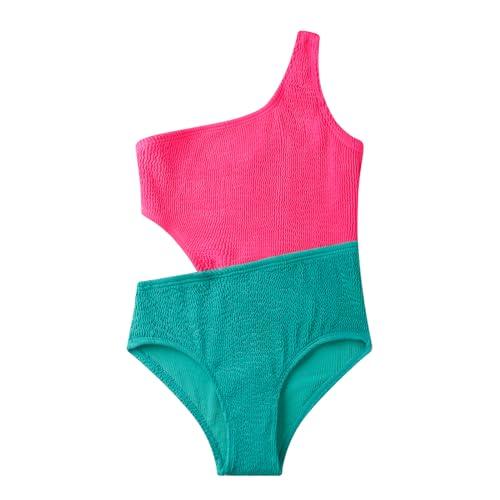 LIZENS Girls' One Piece Swimwear Cutout One Shoulder Swimsuit in Color Clash Swimsuits for Girls Size 2-16(BD410,14/16) Rose Red