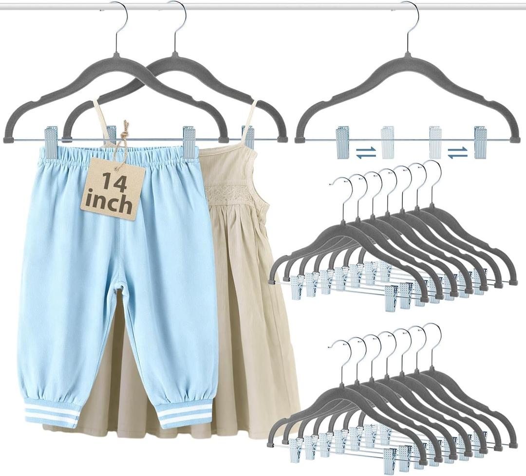 Vesici 14 Inch Extra Large Kids Velvet Hangers with Movable Clips 15 Pack, Non Slip Felt Clothes Hangers for Kids and Preteens, Heavy Duty and Space Saving for Pants, Skirts, Coat, Gray
