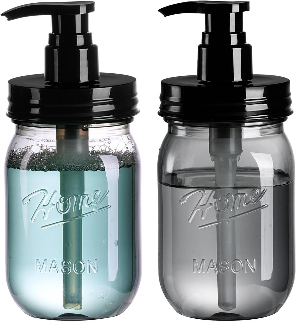 Amolliar Plastic Mason Jar Soap Dispenser with Pump Lid,16OZ Refillable Hand Soap Dispenser Set with Cute Lables, Farmhouse Decor for Kitchen Bathroom, Liquid Soap, Dish Soap (2 Pack, Black)
