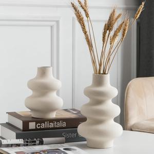 Ceramic Vase Set of 2 - Off White Boho Round Vases, Modern Pampas Vases, Dried Flower Vase Home Decor for Centerpieces Wedding Dinner Table Party Living Room Office Bedroom (Creamy Off-white/Light Beige)