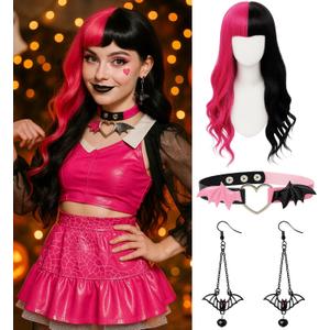 Swooflia Pink Black Wavy Wig for Women & Cosplay Accessories - Convenient Set Includes Adjustable Wig Cap, Choker, Earrings, Cosplay Wig for Halloween, Costume, Party and Daily Use (Wig-19)
