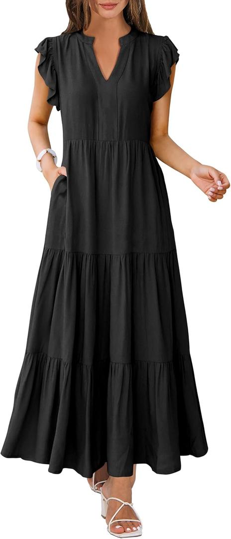 ANRABESS Womens Summer Casual Maxi Dress V Neck Ruffle Sleeve Long Dresses Fashion Flowy Tiered Boho Beach Vacation Sundress (Large, Black)