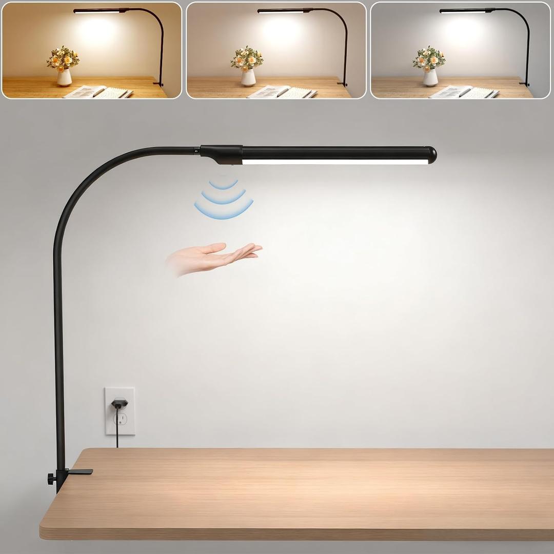 MYPLUS LED Desk lamp with Clamp, Hand Wave Control 5 Color and 10 Level Dimmable LED Clip on Lamp, Bright Table Lights for Home Office,Reading,Desktop Working - White (Black)