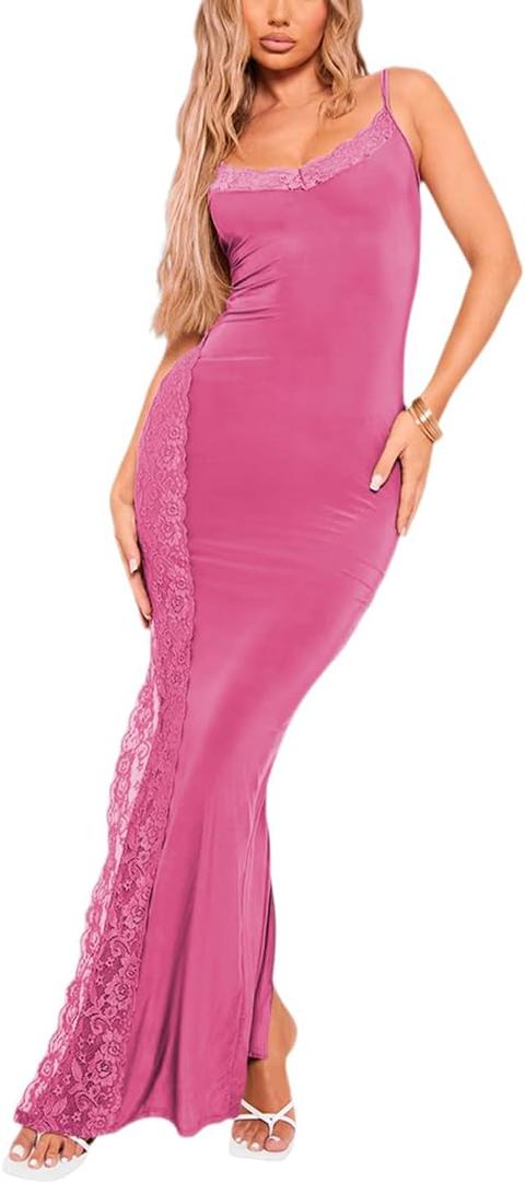 Women's Spaghetti Strap Maxi Dress Sexy Lace Split Side Long Cami Dresses (Medium)