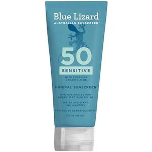 Blue Lizard SENSITIVE Mineral Sunscreen with Zinc Oxide, SPF 50+, Water Resistant, UVA/UVB Protection with Smart Cap Technology - Fragrance Free, 3 oz. Tube, 2 Pack