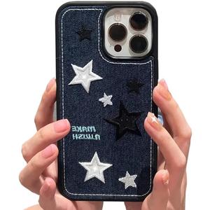 Casechics Compatible with iPhone Case,Cool Denim Fabric Embroidery Star Silicone Camera Lens Protection Soft Shockproof Cover Phone Case (Blue,iPhone 15 Pro)