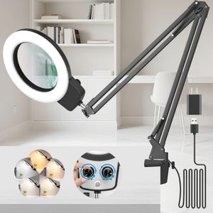 KIRKAS 10X Magnifying Glass with Light, Long Swing Arm, Any Color Modes & Stepless Dimming LED Magnifying Lamp with Clamp, Memory Function Lighted Magnifier for Crafts, Reading, Hobby, Close Work (Black)