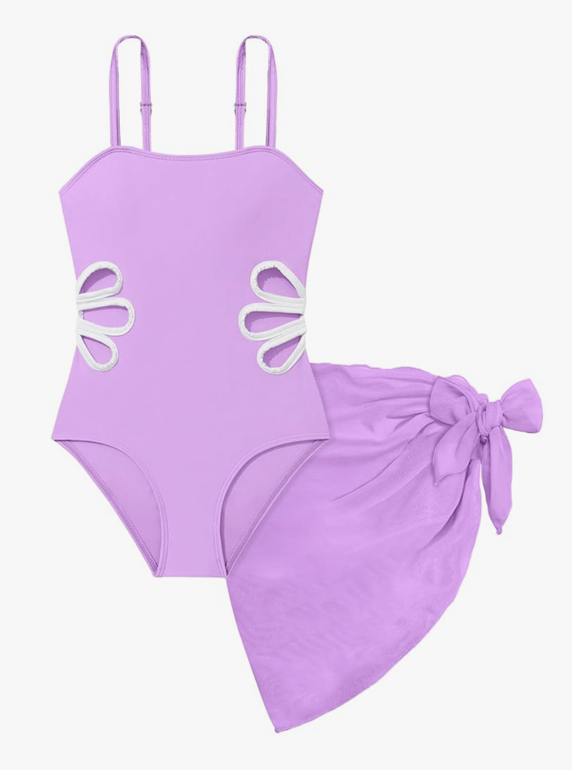 Girls Swimsuit, Adjustable Straps Cut Out One Piece Bathing Suit with Solid Color Cover Up Skirt Girls' Swimwear, Size 15-16Y