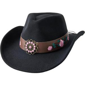 Jastore Western Cowboy Hat for Kids Girls with Pink Flower Buckle Blet Cowgirl Hat Wide Brim Fedora Hat Rodeo Party Hats