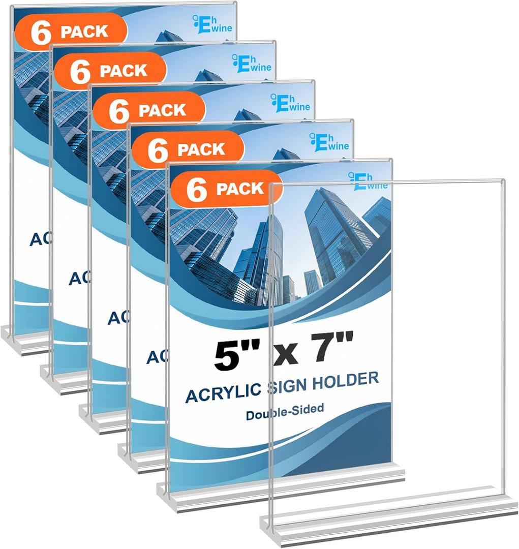 EHWINE 6 Pack Acrylic Sign Holders - 5 x 7, Double-Sided Stand Up Table Top Sign Holders, Clear Acrylic Picture Frame Menu Flyer Paper Display Stand for Office Business Store Wedding Party