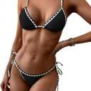 ZAFUL Women's Triangle Bikini Tie Side Whip Stitch String Bikini Two Piece Swimsuit Bathing Suits (Medium, 1-black)