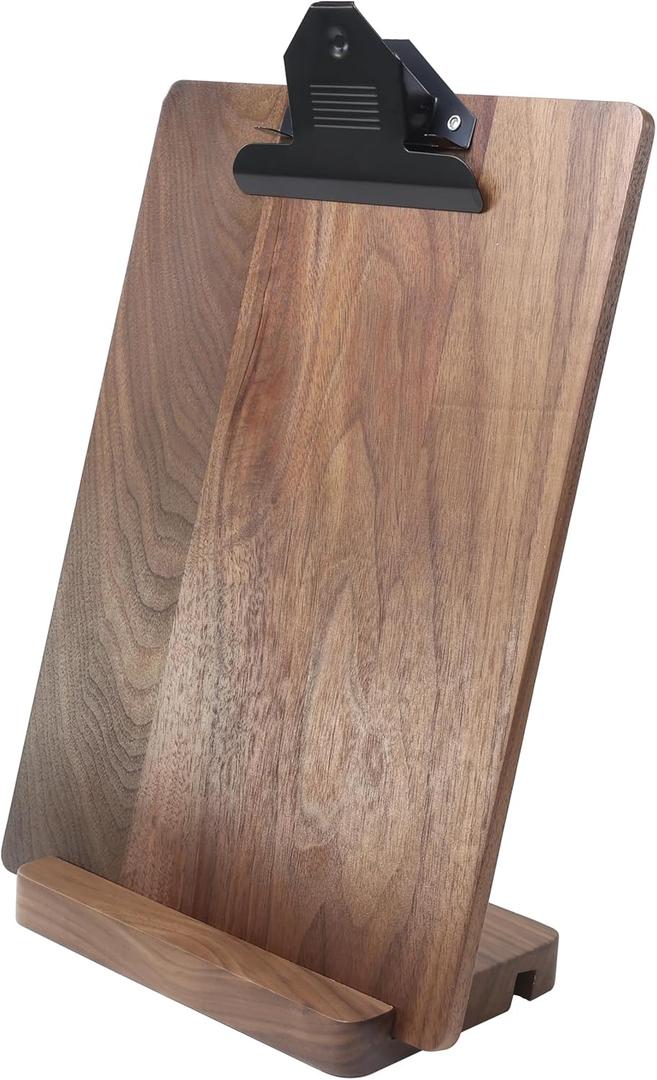 Solid Hardwood Walnut Clipboard with Stand,Wooden Menu Holder for Restaurant,Tabletop Display Stands,Bar Countertop Receipt Holder,Standing Clip Boards 8.5x11 with High Capacity Metal Clip
