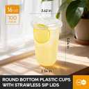 Turbo Bee 100 Pack - 16 oz Round Bottom Clear Plastic Cups with Strawless Sip - Lids, Disposable To Go Coffee Cups with Sippy Lids for Iced Coffee, Cold Drinks and Beverages