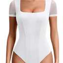 Avidlove Women's White Bodysuits Mesh Short Sleeve Body Suit Sexy Square Neck Summer Trendy Leotard Tops, XXL