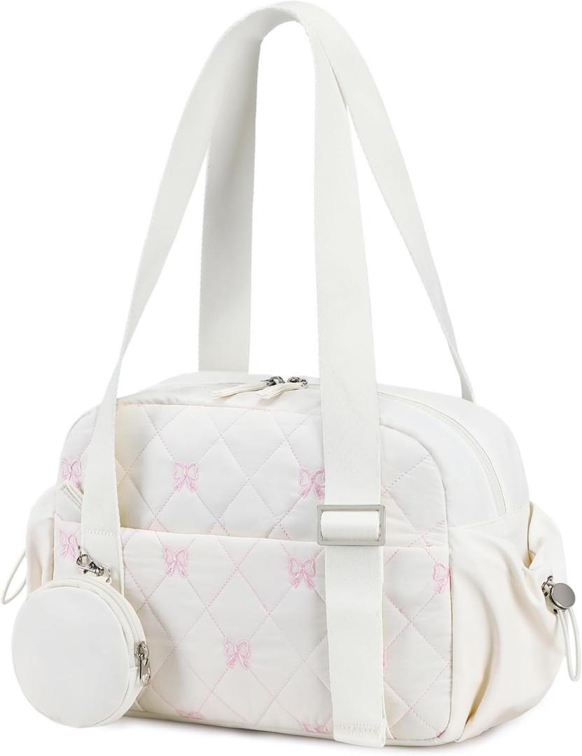 CAMTOP Mini Gym Bag for Women, Small Gym Tote Bag Puffy Quilted Sports Duffel Bag with Wet Compartment and Coin Purse Duffel Bags Dance Yoga Workout Bag for Gifts (White Pink Bow, Mini-12.6")