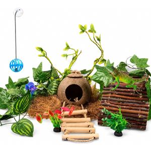RUNANIA Crested Gecko Tank AccessoriesReptile Vines Plants with Coconut Shell Ladder Hideout Hermit Crab Decor for Leopard Gecko Bearded Dragon Lizard Chameleon Tortoise Snake