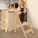 Foldable Toddler Tower with Safety Nets, 3 Adjustable Height Learning Tower, 