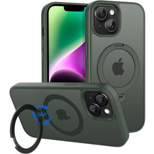 CACOE Magnetic Case for iPhone 13/14 6.1 inch with 360 Rotatable Ring Stand, Compatible with MagSafe Car Phone Mount, Cases Cover Phone Holder for Desk Meeting/Videos Dark Green