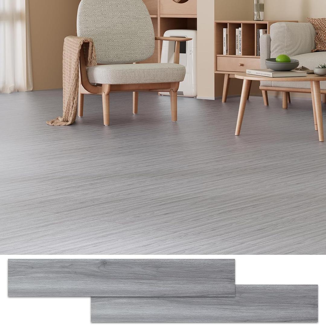 Peel and Stick Floor Tile, 36 Pcs 54 Sq.Ft Waterproof Wood Grain Luxury Vinyl Plank Flooring, Easy DIY Self Adhesive Vinyl Floor for Kitchen, Living Room, Bedroom, RV, Medium Gray