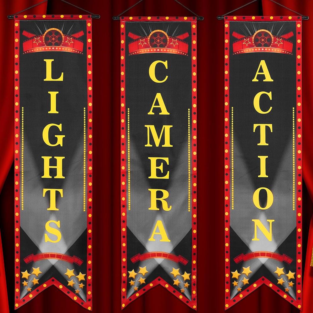3PCS Movie Night Porch Sign Banner Movie Theme Party Decorations Lights Camera Action Hanging Porch Sign Theater Welcome Now Showing Banner for Film Home Backdrop Party Supplies