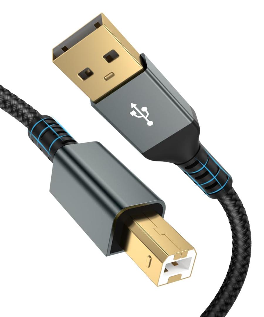 15FT USB Printer Cable, Nylon Braided High Speed USB 2.0 Type A to B Scanner Cord Compatible with HP, Canon, Epson, Brother, Dell & MIDI Cable for Yamaha Casio Digital Piano, DAC, Audio Interface (Grey)