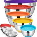 Umite Chef Mixing Bowls with Airtight Lids Set, 8PCS Stainless Steel Nesting Bowls Set, 3 Grater Attachments & Non-Slip Bottoms, Size 5, 4, 3.5, 2, 1.5QT for Baking & Mixing(Colorful)