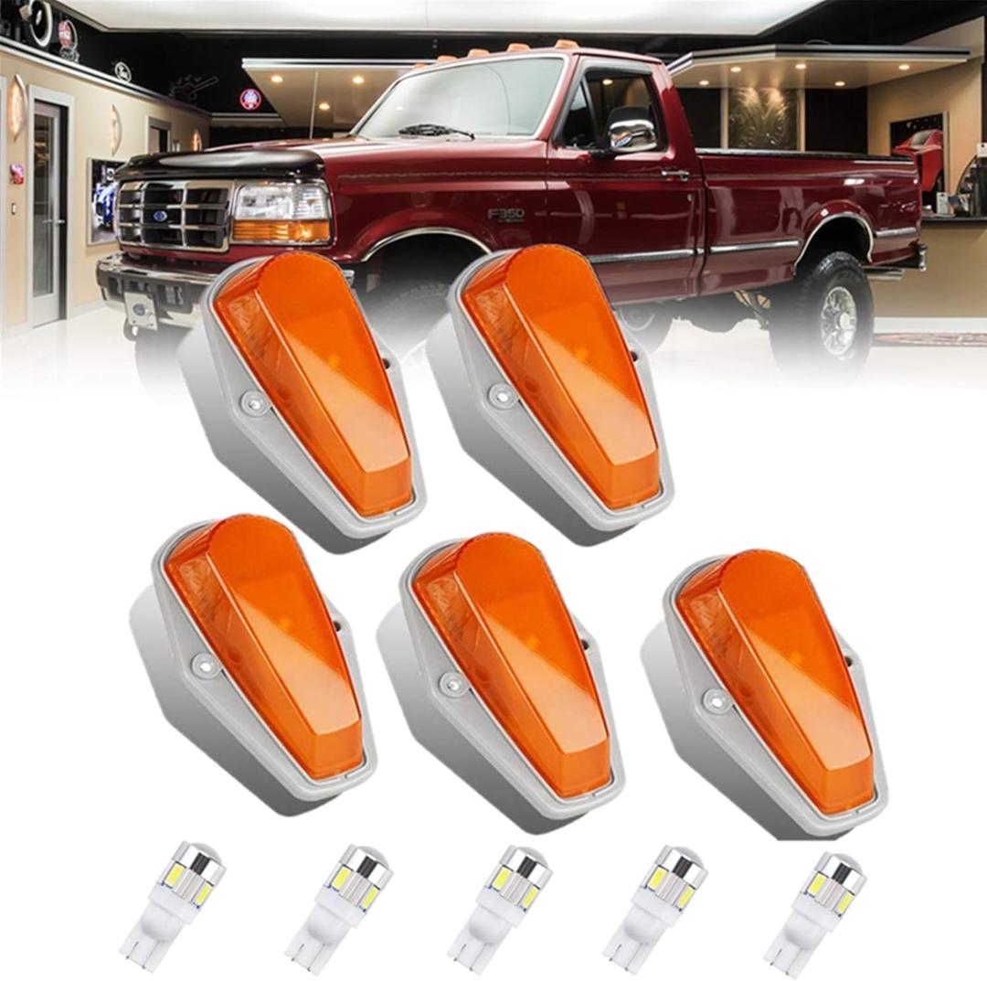 5pcs Cab Marker Roof Running Light Amber Cover Lens With T10 White LED Bulbs Replacement For 1973-1997 Ford F-150 F-250 F-350 F Series Pickup Super Duty Trucks